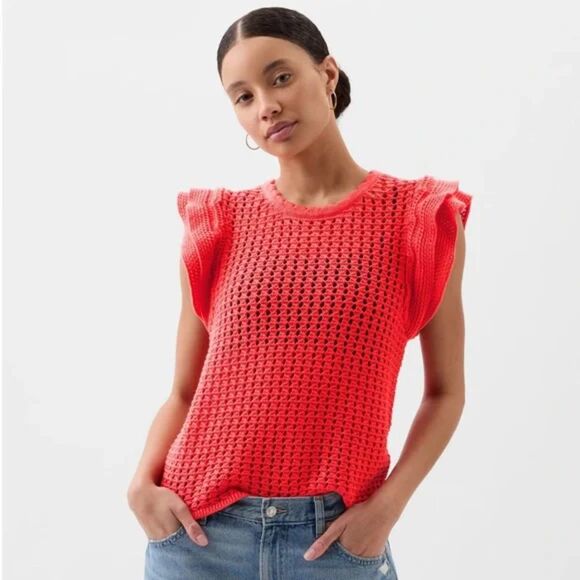 Gap Crochet Flutter Sleeve Top, Sz Small, Orange Feminine Resortwear Vacation - Picture 1 of 10
